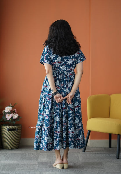 Iris Peacock Blue Cotton A-Line Dress