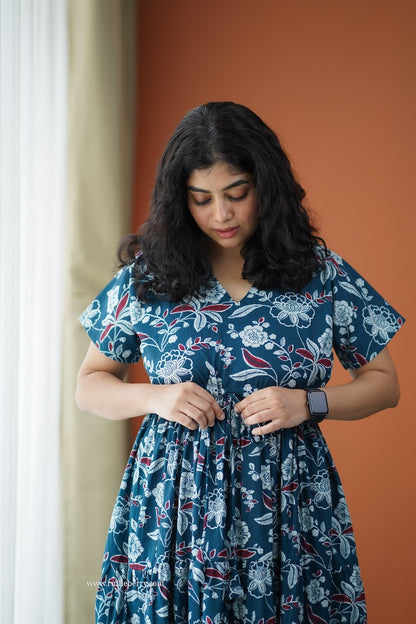 Iris Peacock Blue Cotton A-Line Dress
