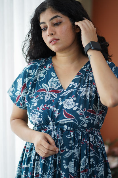 Iris Peacock Blue Cotton A-Line Dress