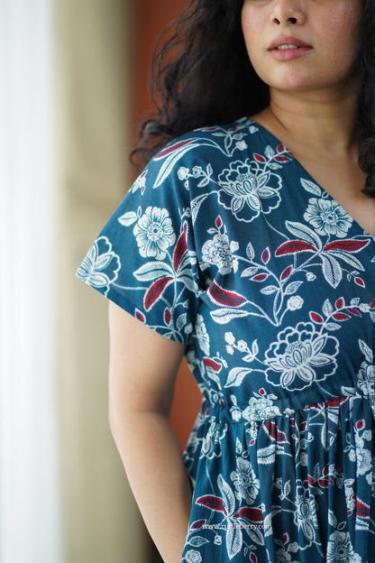 Iris Peacock Blue Cotton A-Line Dress