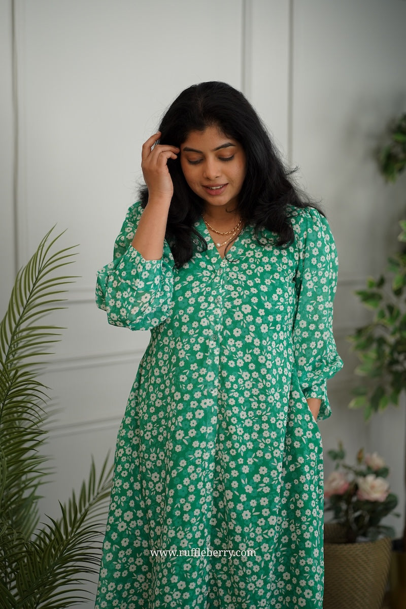 jasbi green georgette a-line dress
