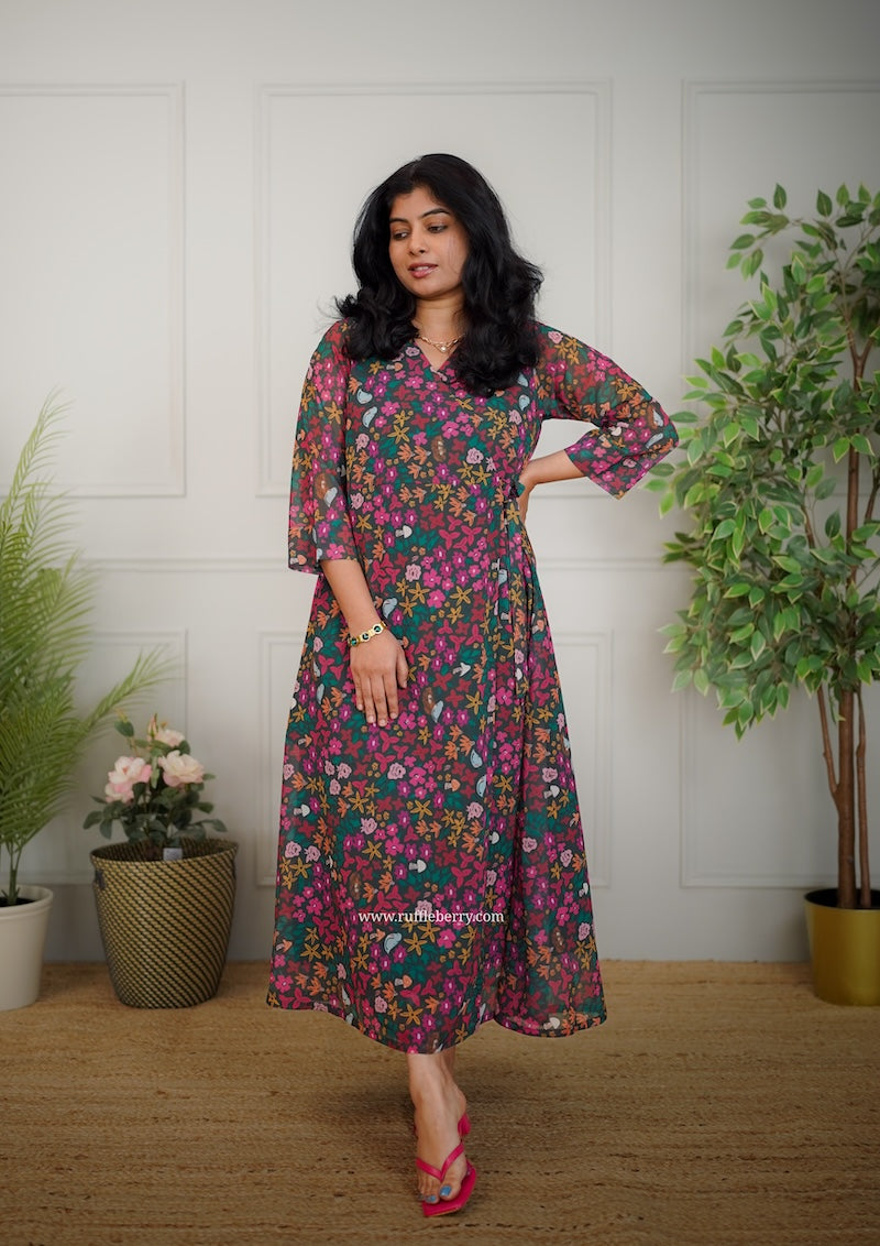 jasbi dark green georgette wrap dress