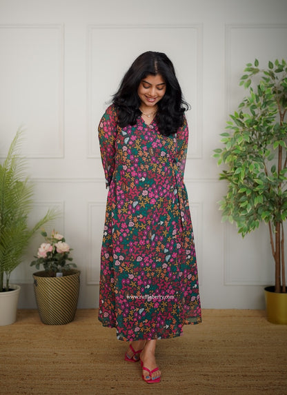 Jasbi Dark Green Georgette Wrap Dress