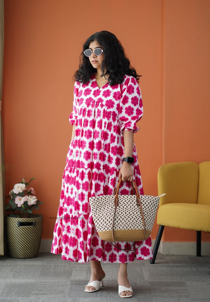 Iris Pink Floral Cotton Tier dress