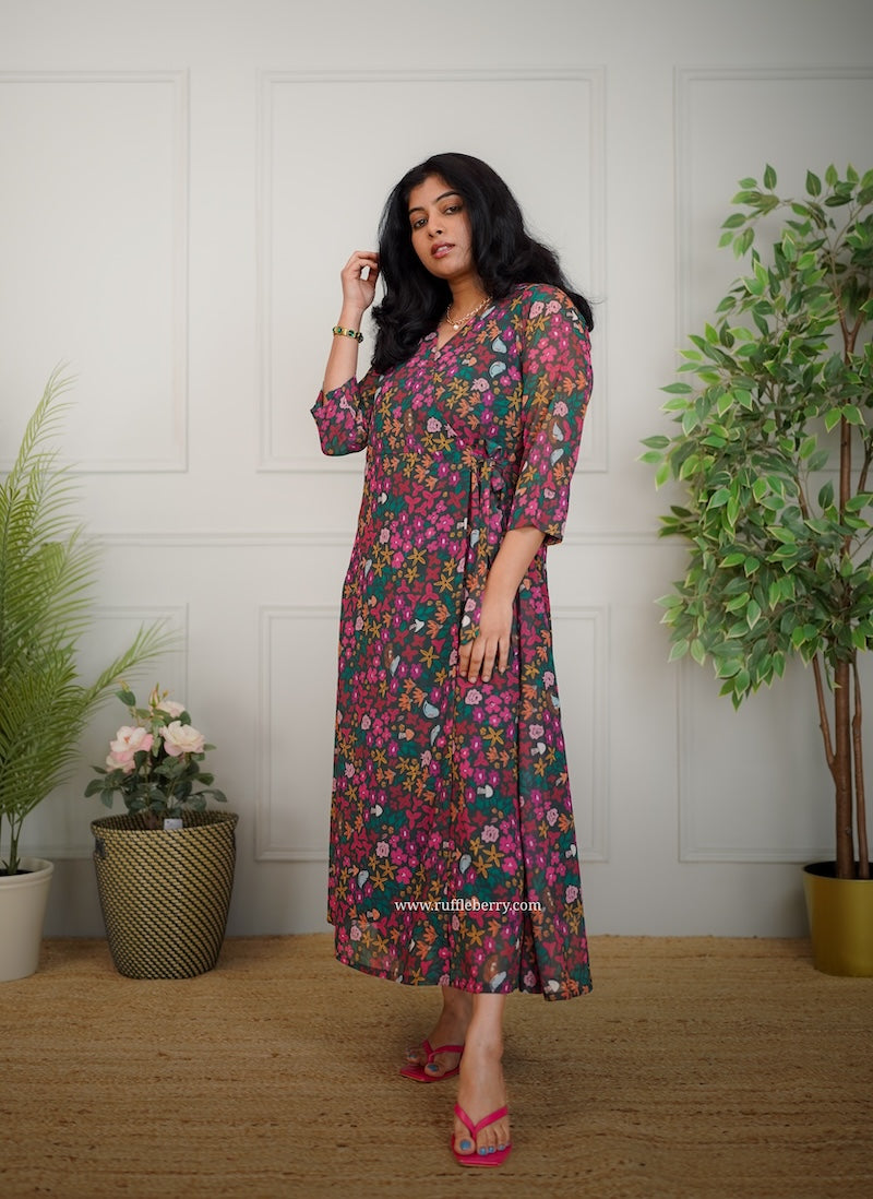 jasbi dark green georgette wrap dress