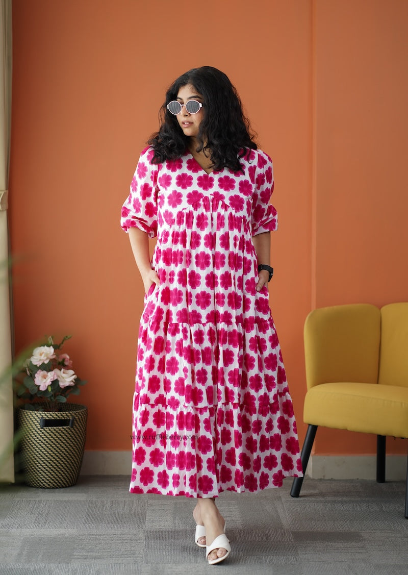 iris pink floral cotton tier dress