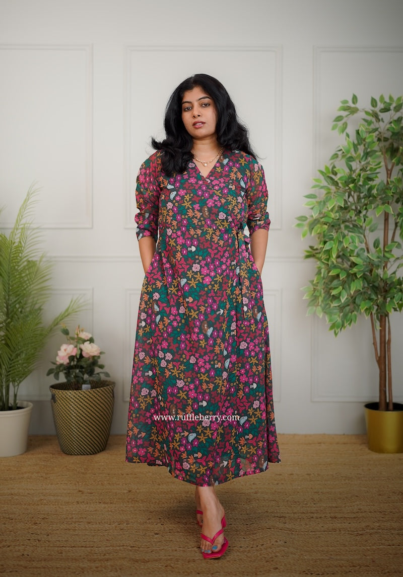 jasbi dark green georgette wrap dress