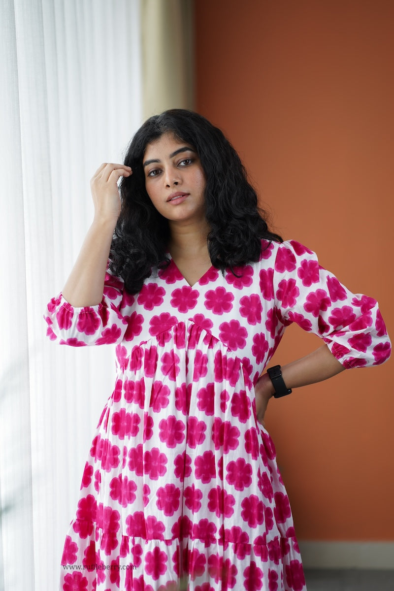 iris pink floral cotton tier dress