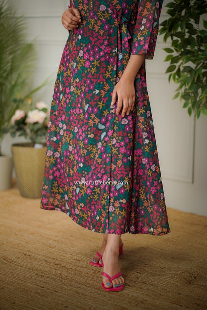 Jasbi Dark Green Georgette Wrap Dress