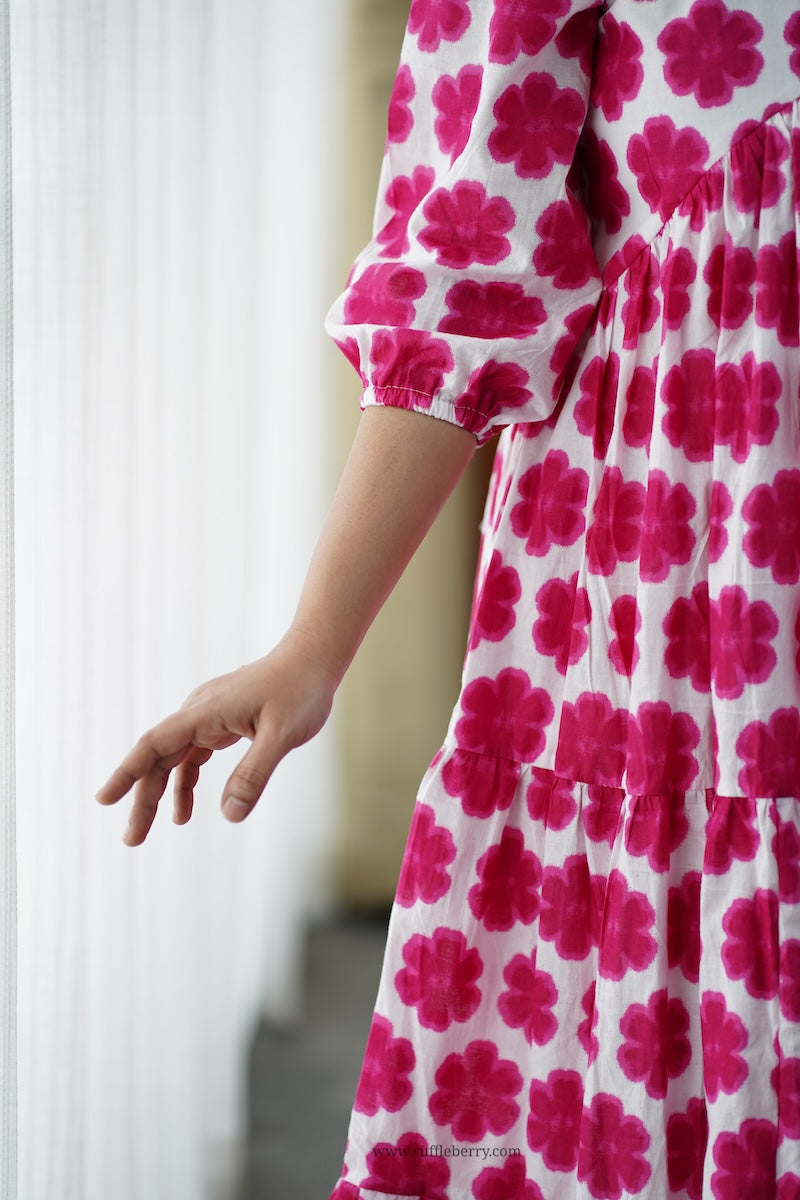 iris pink floral cotton tier dress