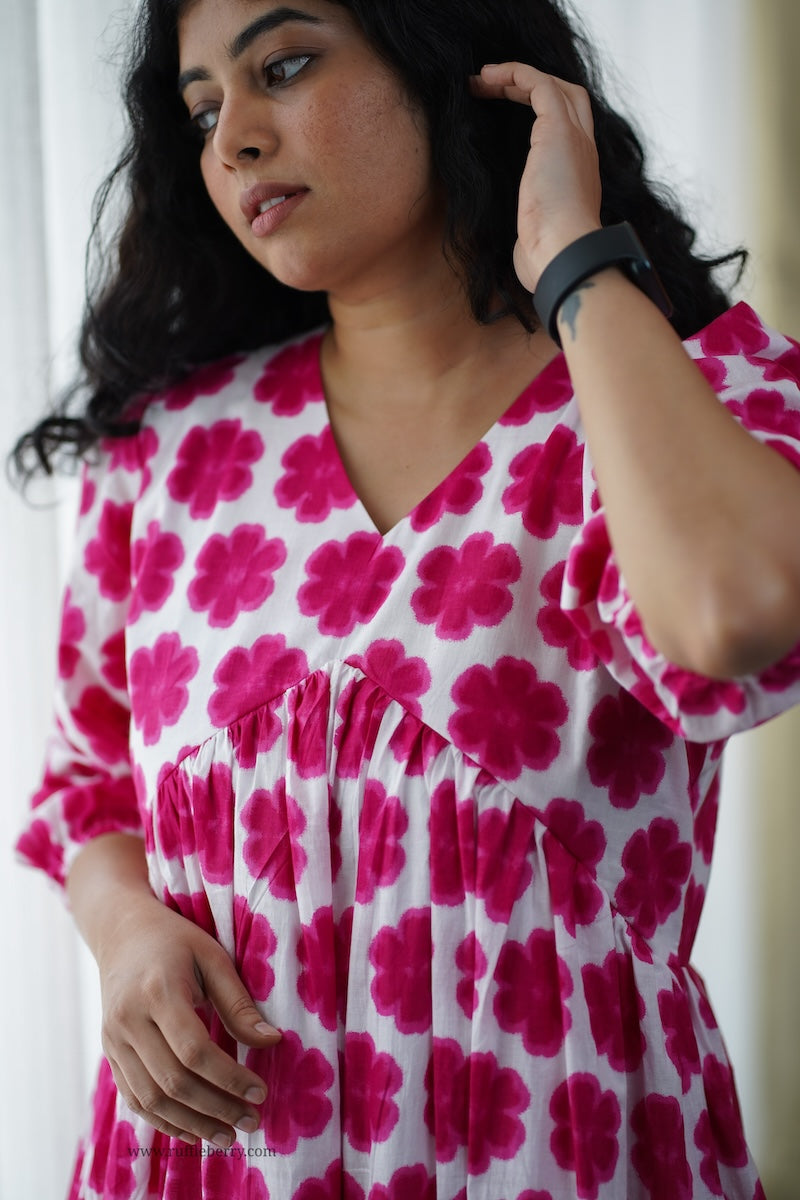 iris pink floral cotton tier dress