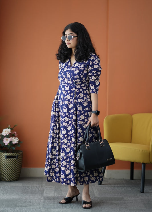 Iris Deep Blue Cotton Button Wrap Dress