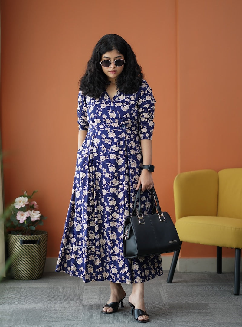 iris deep blue cotton button wrap dress