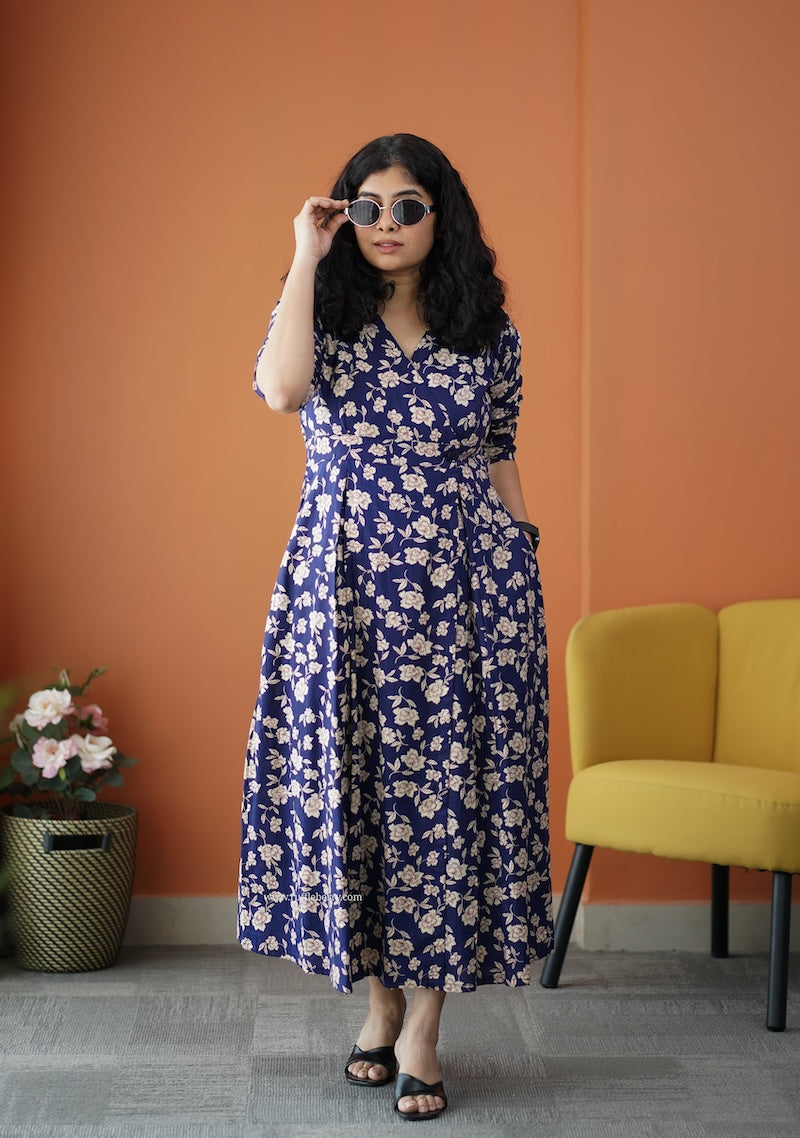 iris deep blue cotton button wrap dress
