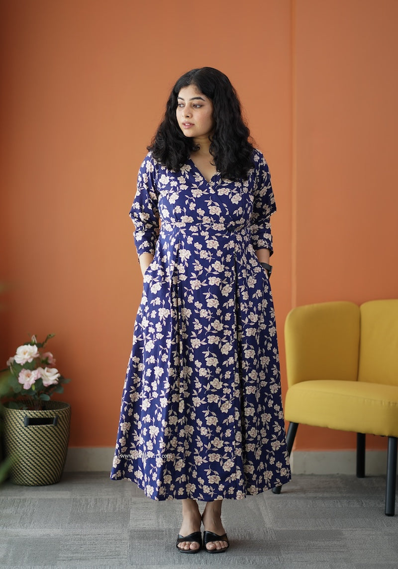 iris deep blue cotton button wrap dress