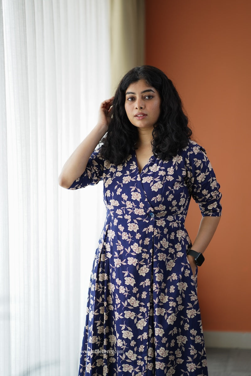 iris deep blue cotton button wrap dress