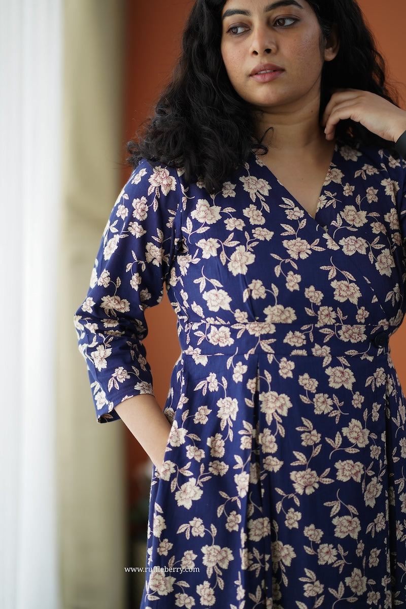 iris deep blue cotton button wrap dress