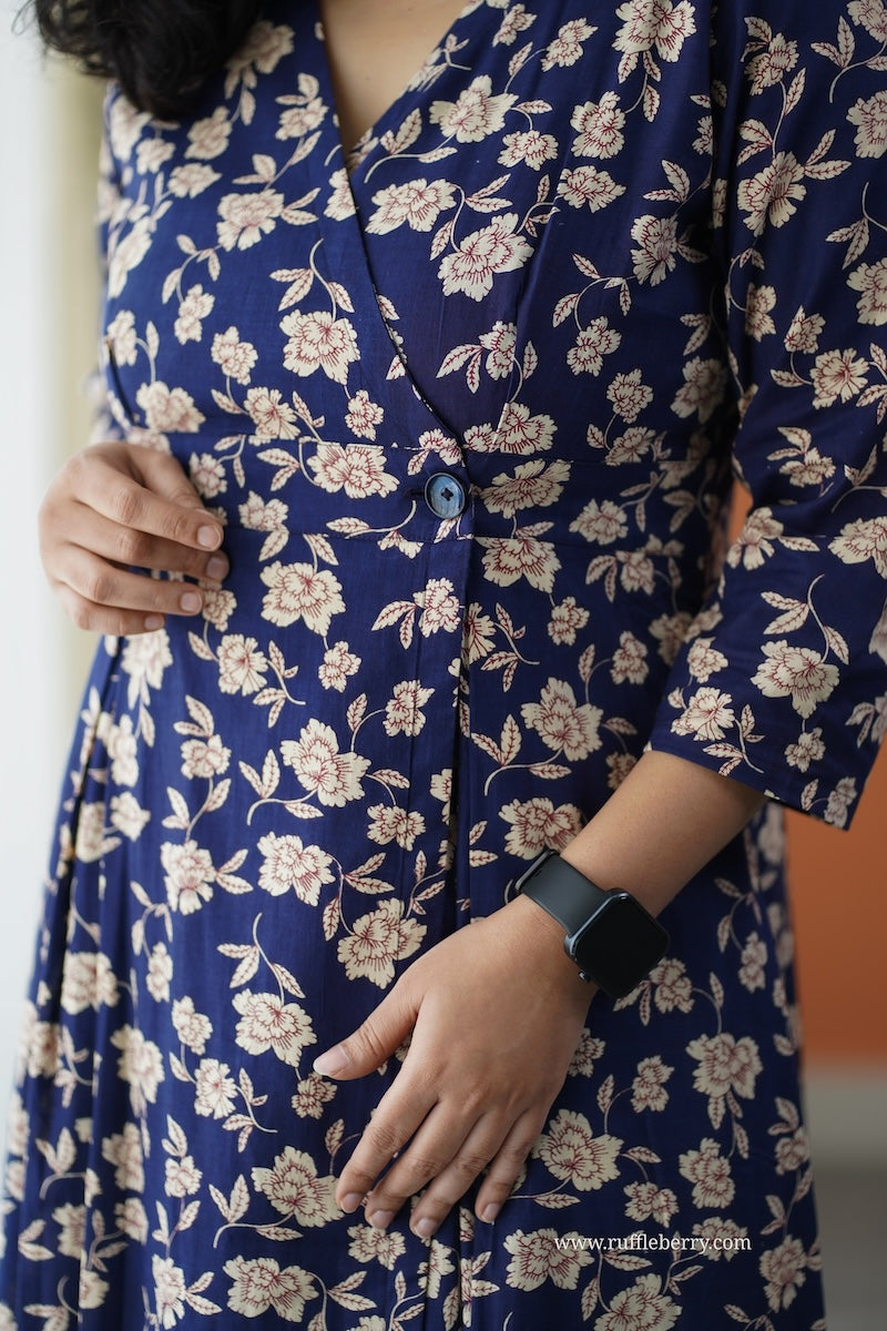 iris deep blue cotton button wrap dress