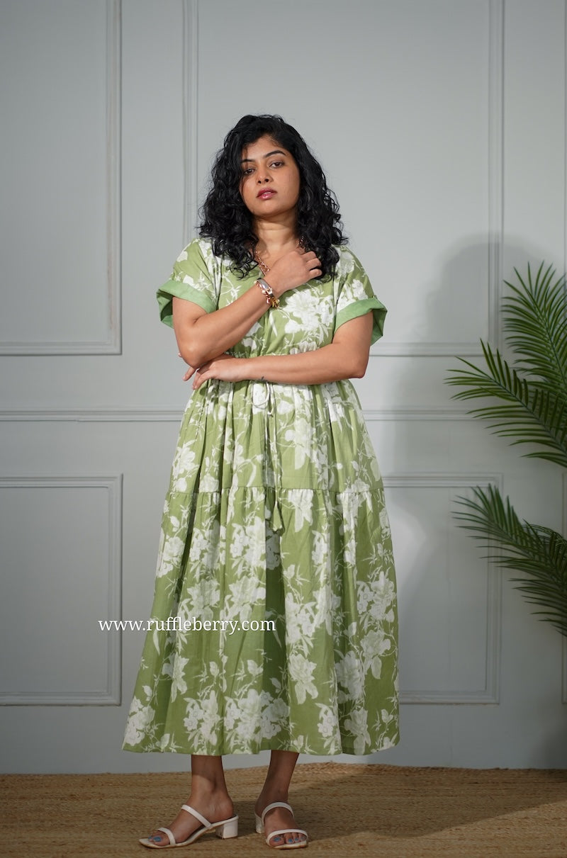 j-pop green cotton tier dress