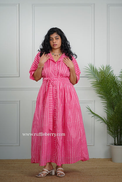 J-POP Pink Pleated Cotton Shirt Dress