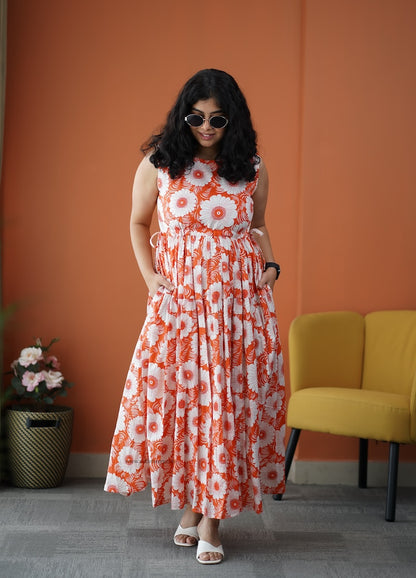 Iris Orange Cotton Tier Dress