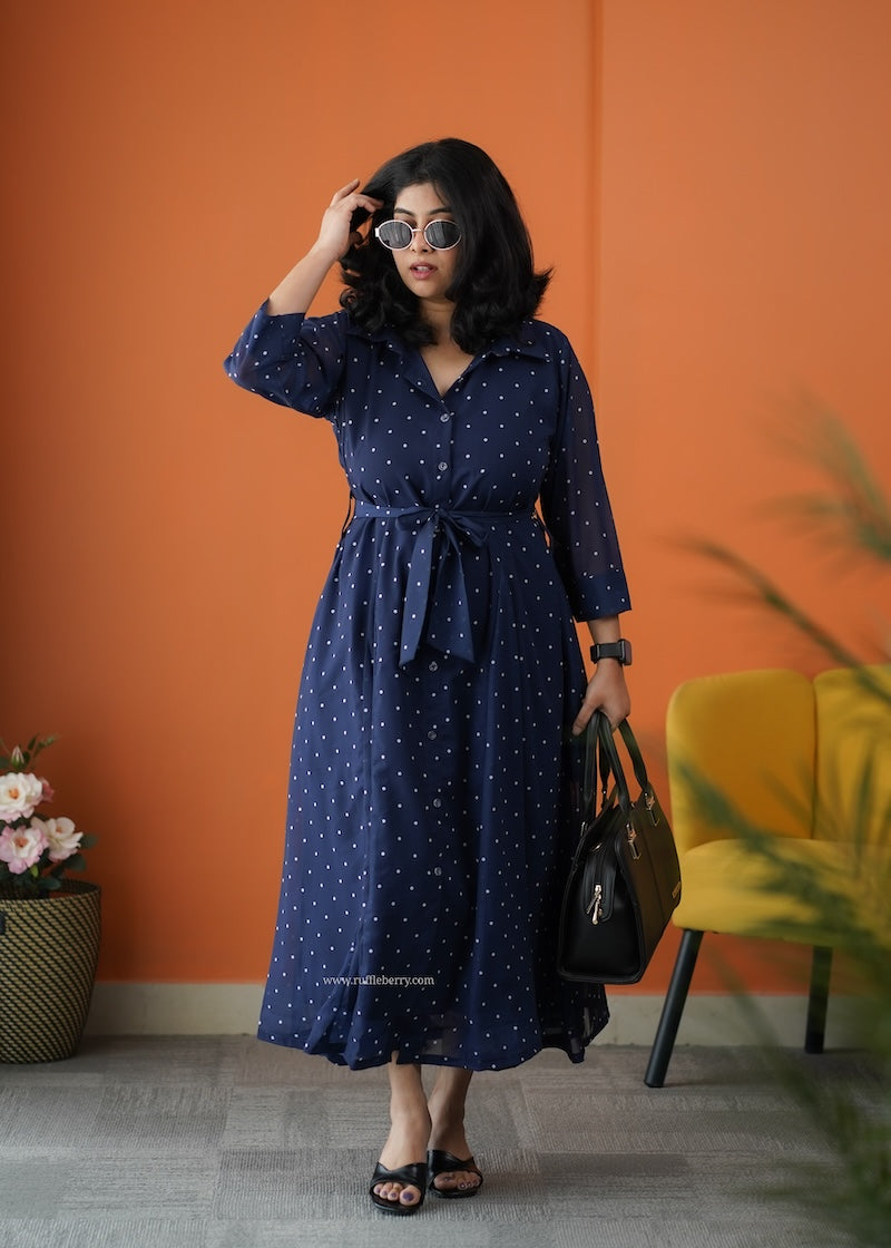 junaluv dark blue georgette flared shirt dress