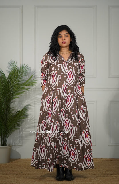 J-POP Brown Cotton Flared Shirt Dress