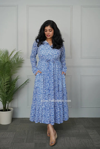 Sasha White Blue Georgette Shirt Tier Dress