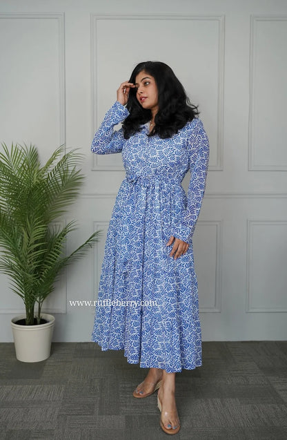 Sasha White Blue Georgette Shirt Tier Dress