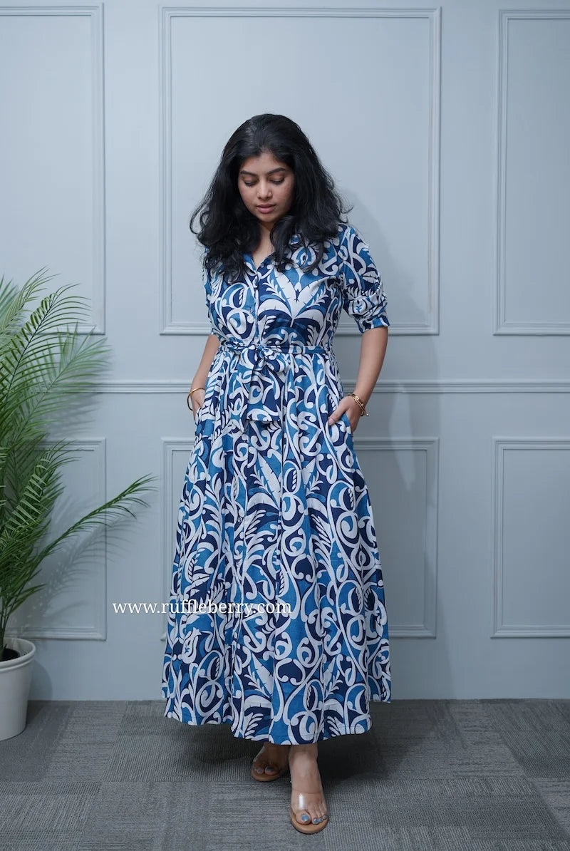 arden indigo cotton flared shirt dress