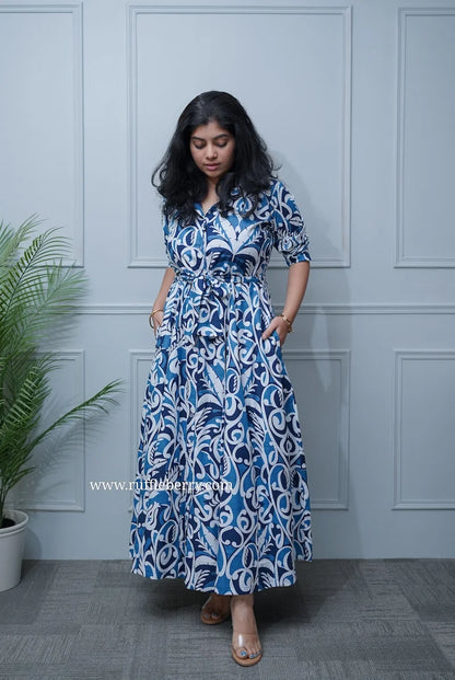 Arden Indigo Cotton Flared Shirt Dress