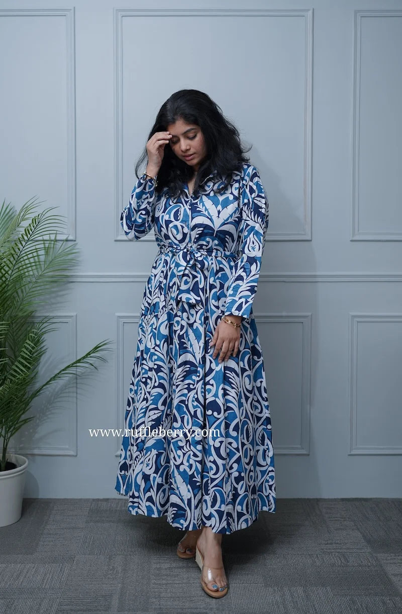 arden indigo cotton flared shirt dress