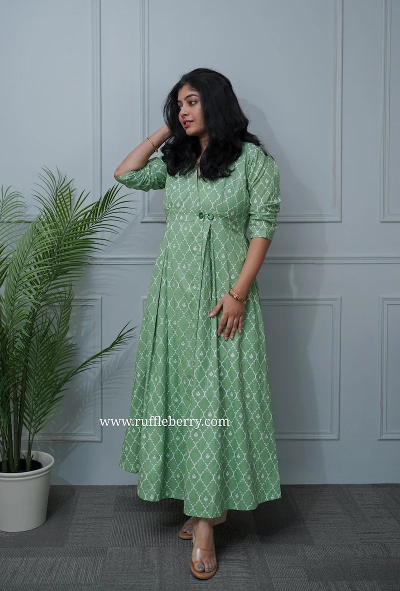 paisley green cotton button wrap dress