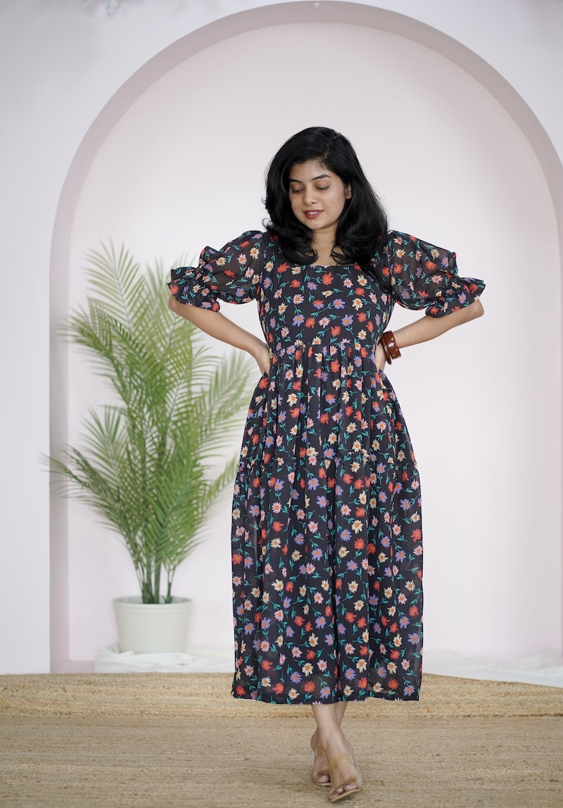 arina black minifloral georgette dress