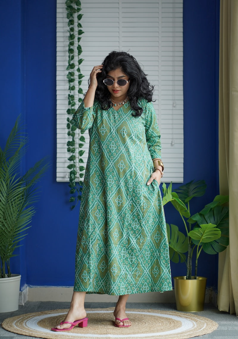 maroba green bandhini cotton aline dress