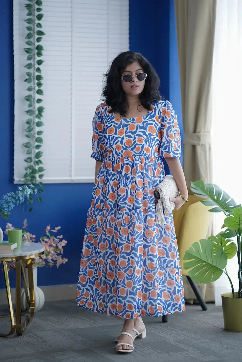 rose blue floral georgette dress