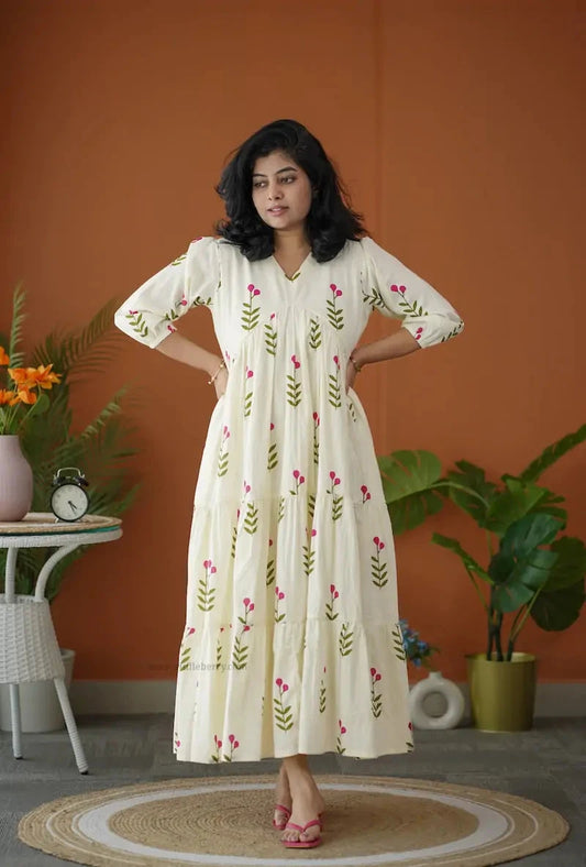 BarB White Pink Floral Cotton Dress