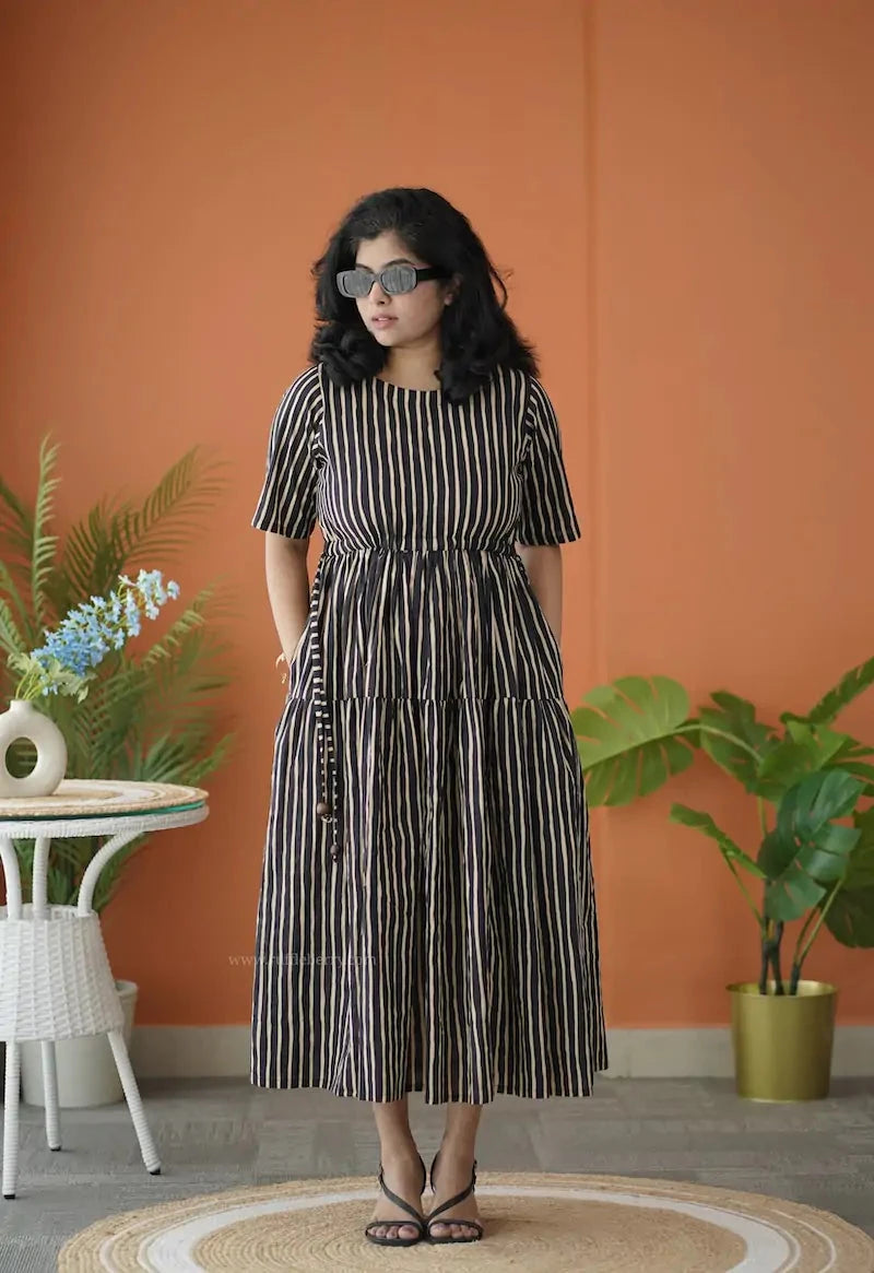 BarB Black Striped Cotton Tier Dress