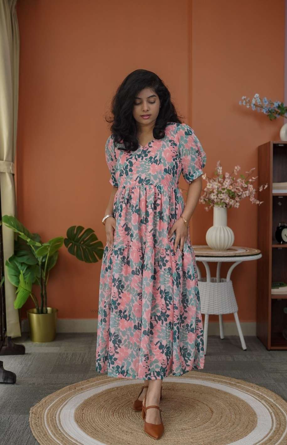 niva coral peach georgette dress