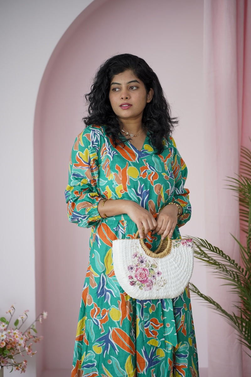 maroba tropical leaves cotton aline dress