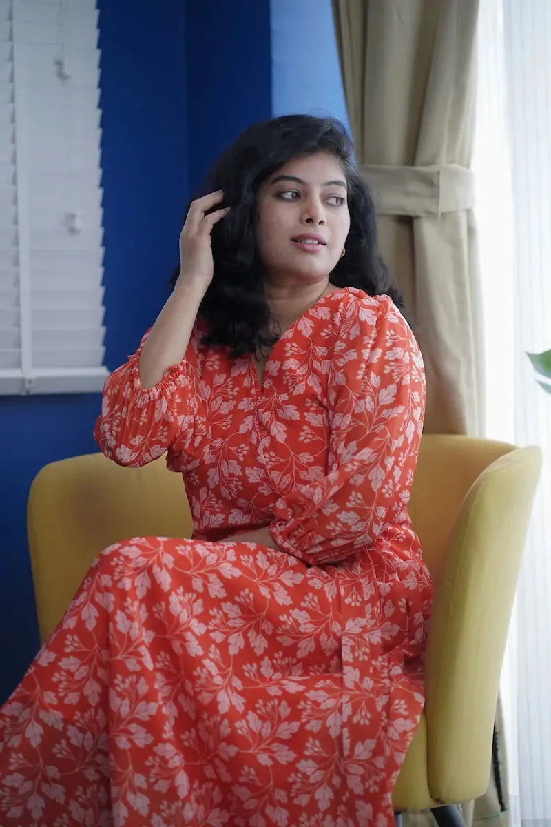 rose orange floral georgette dress