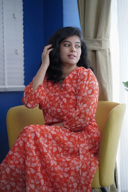 Rose Orange Floral Georgette Dress