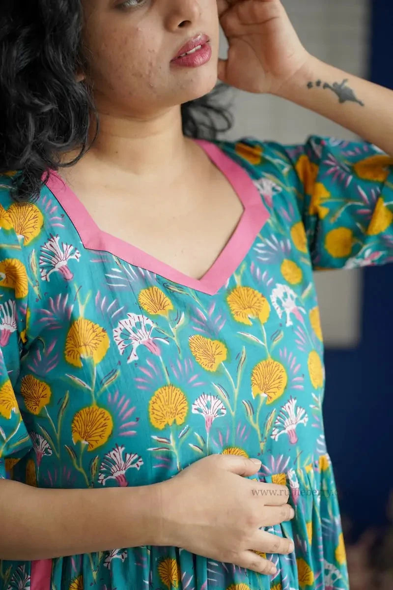 Augusta Turqoise Blue Cotton Tier Dress