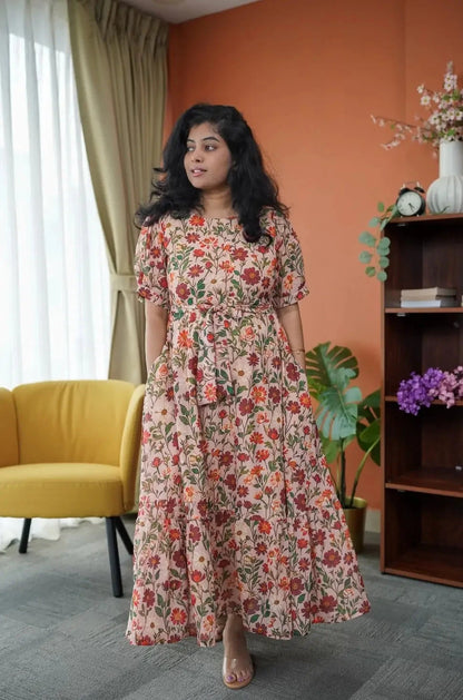 Niva Peach Floral Georgette Dress
