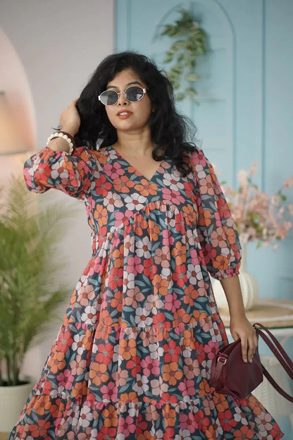 Maira Multifloral Georgette Tier Dress