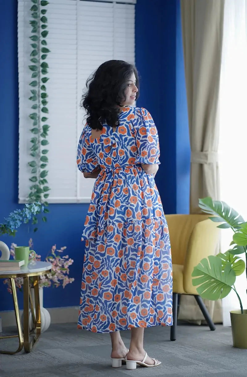 rose blue floral georgette dress