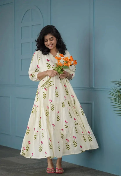 BarB White Pink Floral Cotton Dress