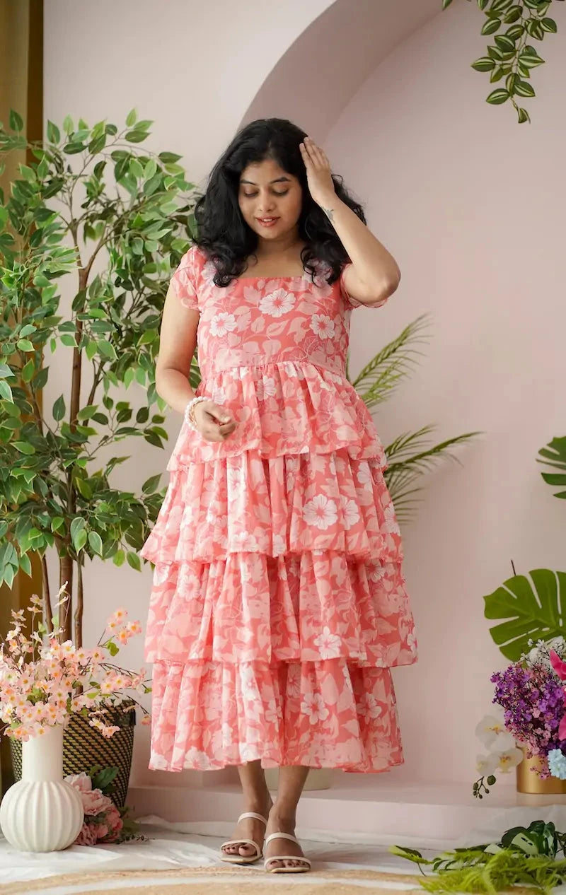 maira coral georgette layered dress