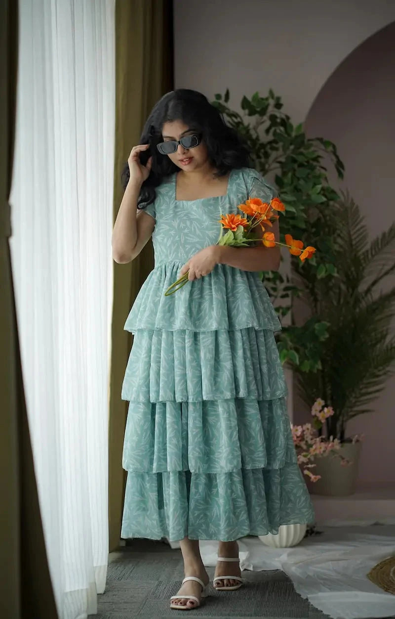 maira seagreen georgette layered dress