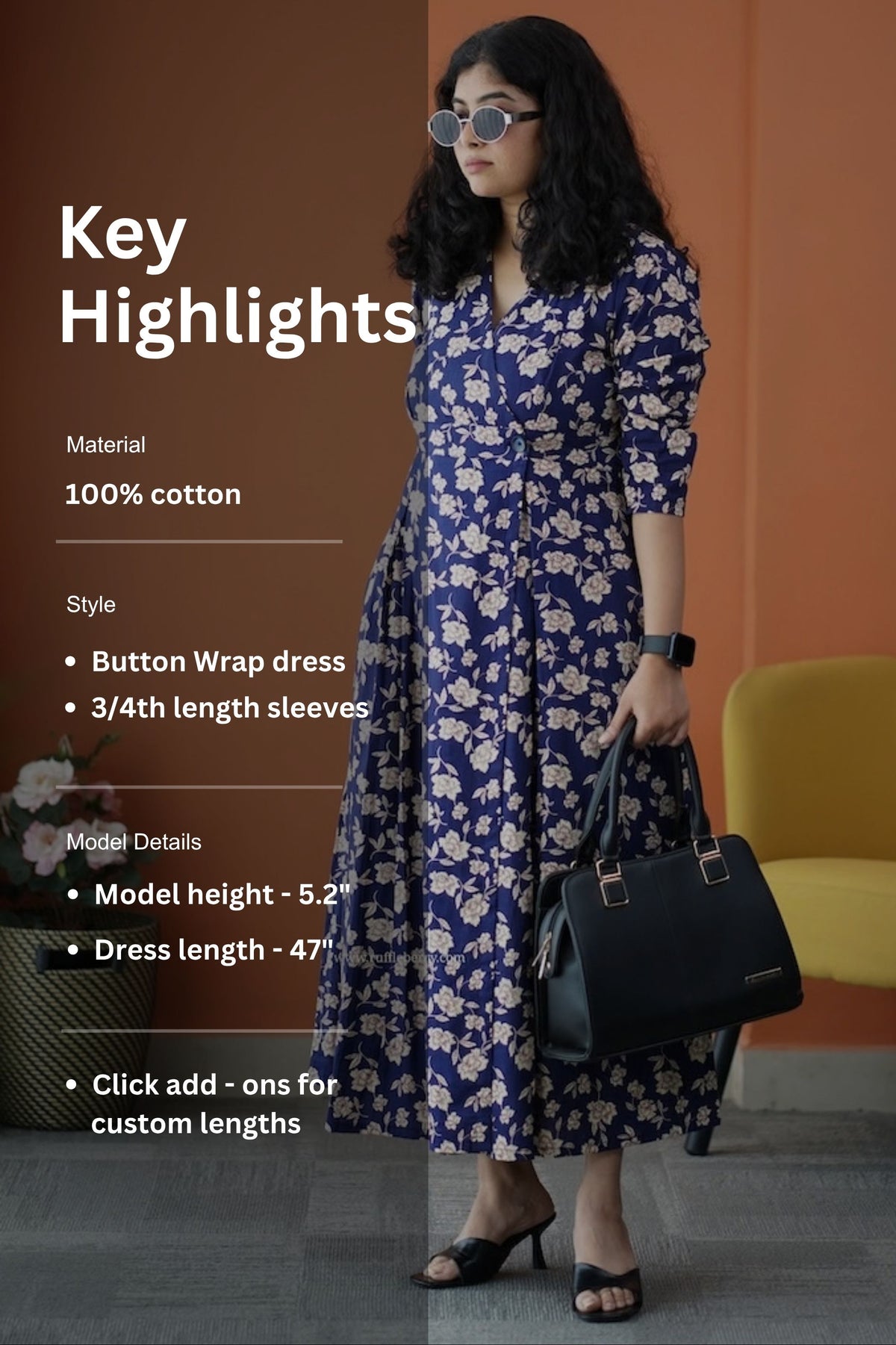 iris deep blue cotton button wrap dress
